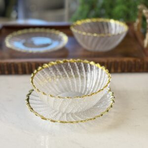 طقم 6صحون مكسرات+6 صفح زجاج سادة معرج حيف ذهبي