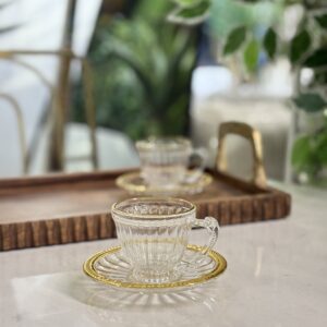 طقم 6/6 فنجان قهوة 90 مل زجاج ساده محزز حيف ذهبي