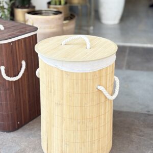 سلة غسيل خشب خيزران بيج