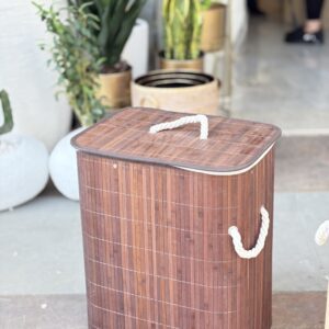 سلة غسيل خشب خيزران بني